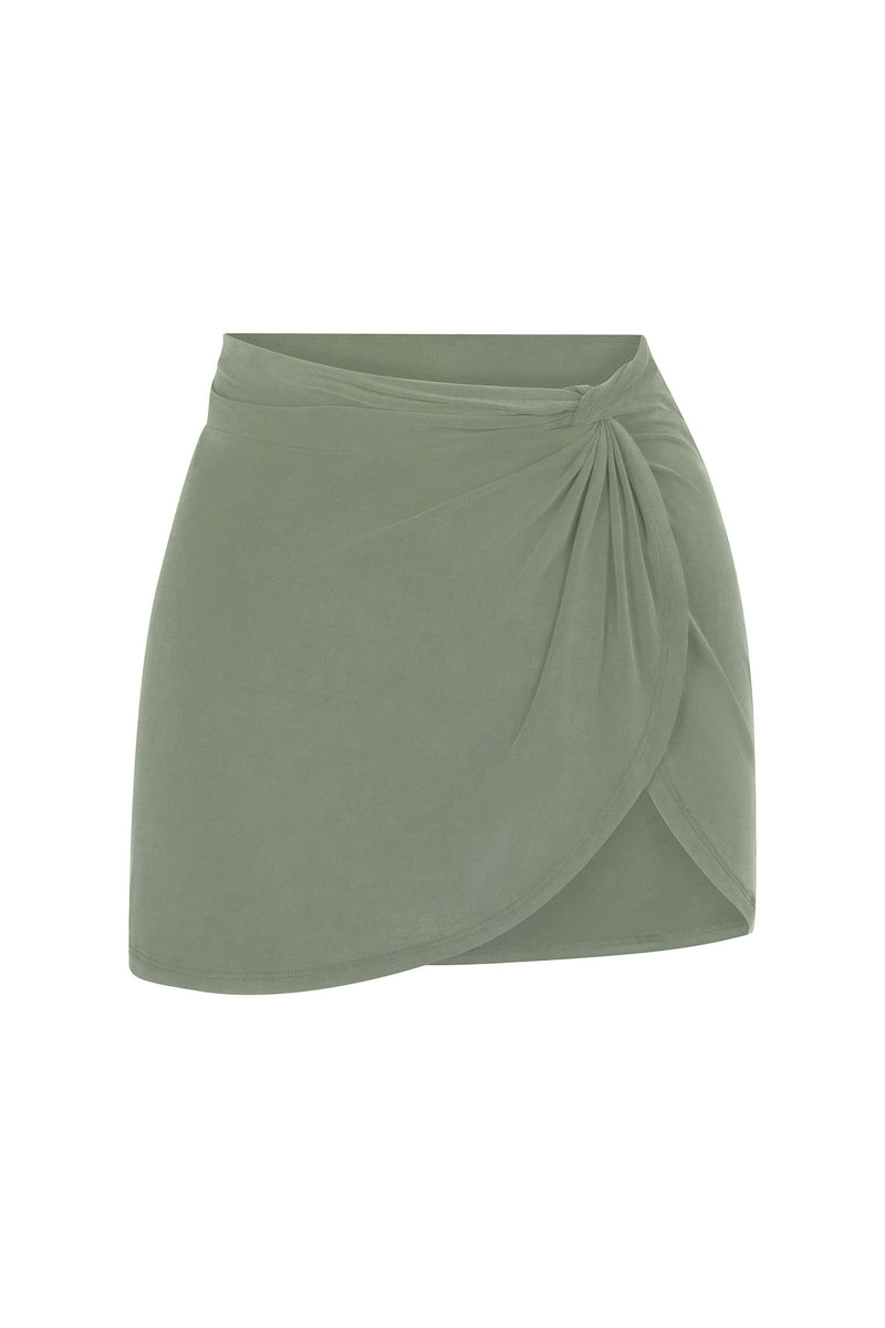 Knot Draped Mini Skirt in Luxe Cupro Jersey Sage on White Background
