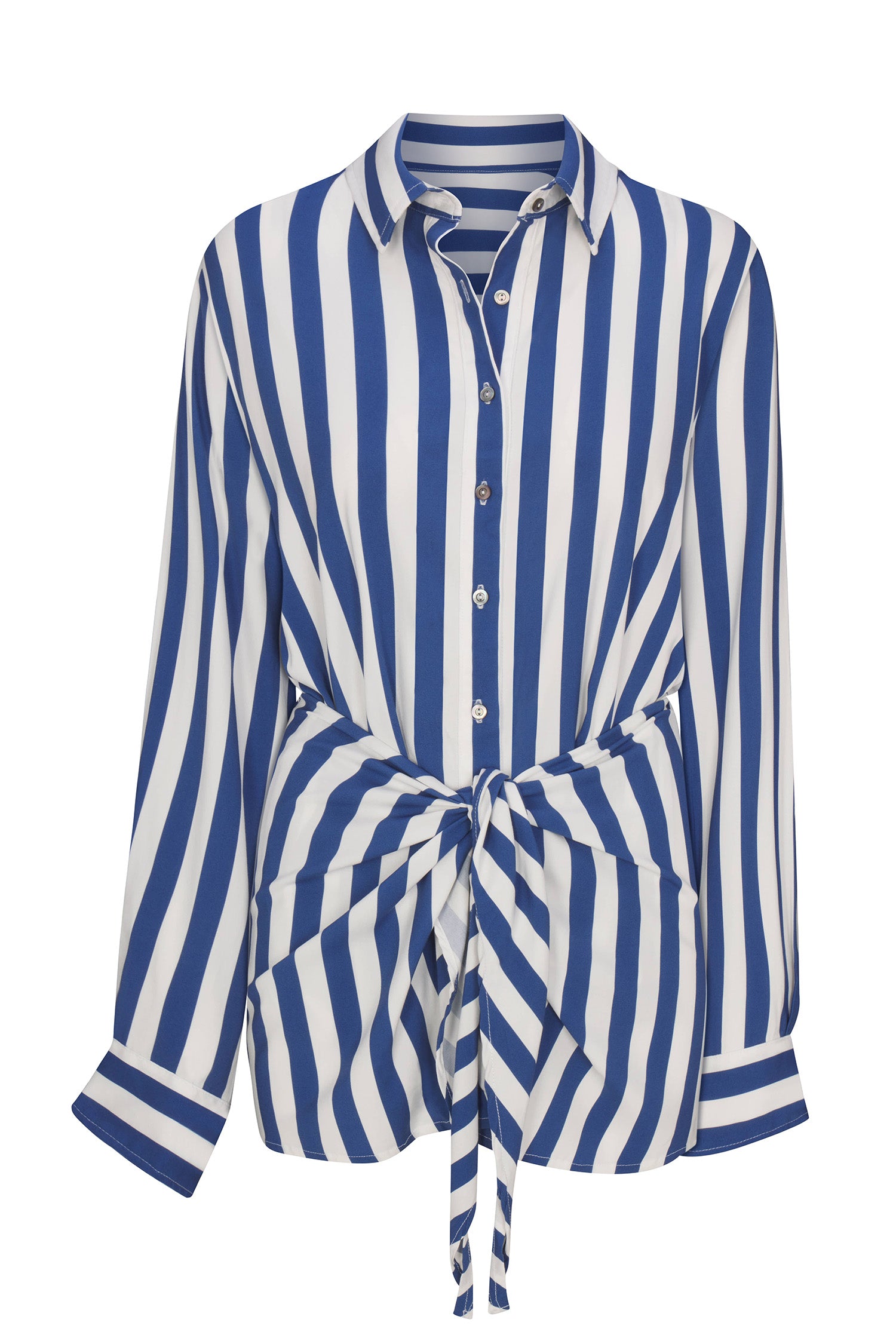 Anemos L.A. Button-Down Wrap Mini Dress in Striped Stretch Twill — daytime essential wrap dress