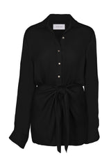 L.A. Button-Down Wrap Mini Dress in Matte Crepe Black on White Background