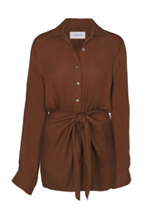 L.A. Button-Down Wrap Mini Dress in Matte Crepe Tawny on White Background