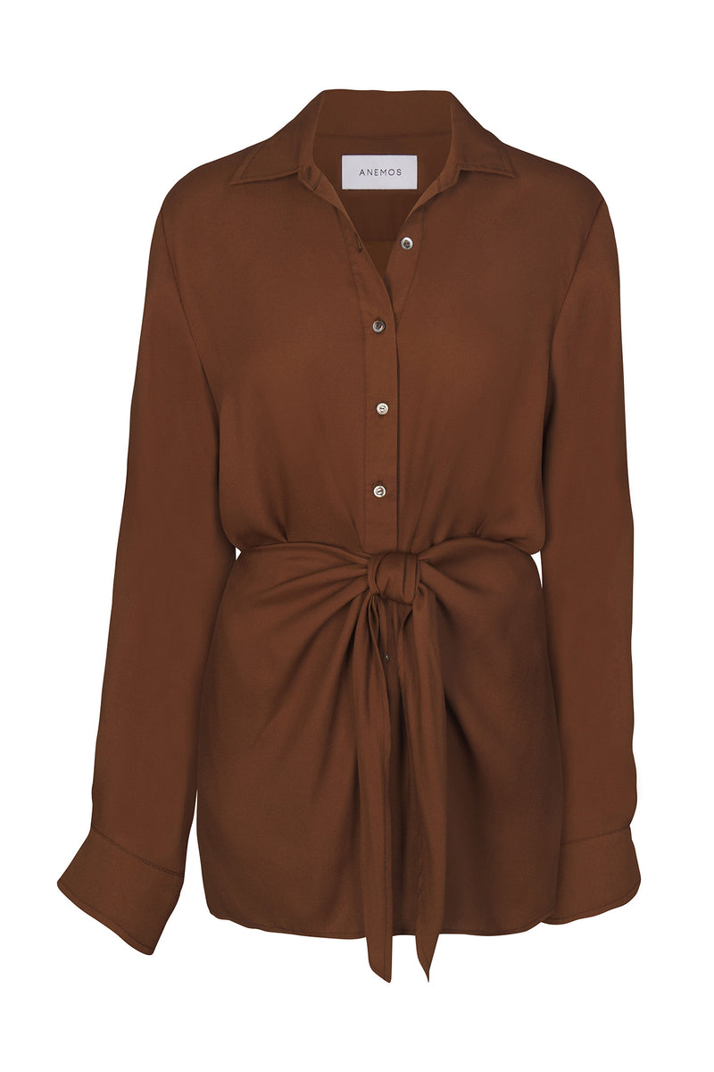 L.A. Button-Down Wrap Mini Dress in Matte Crepe Tawny on White Background