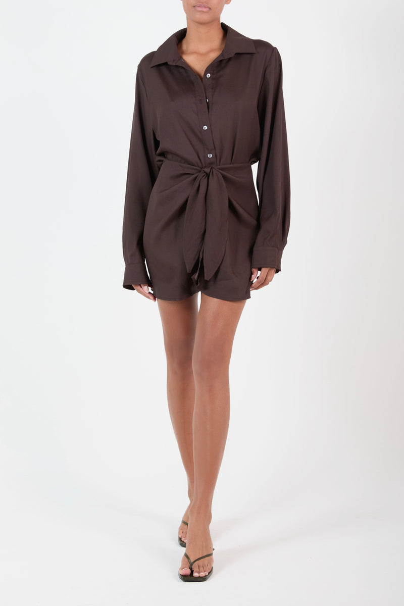 Ecomm Model wearing the L.A. Button-Down Wrap Mini Dress in Matte Crepe, combining a classic wrap silhouette with an oxford-style button-down design in this signature matte crepe for a sleek, modern look.