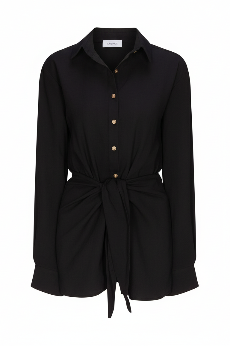 L.A. Button-Down Wrap Mini Dress in stretch cotton on a white background. Flattering, versatile, and perfect for casual daytime or summer outings.