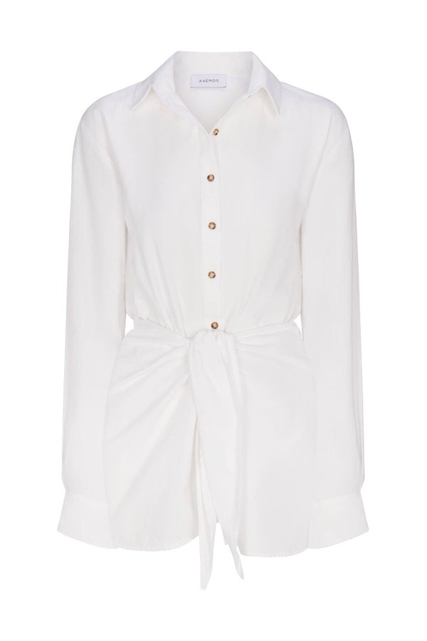 L.A. Button-Down Wrap Mini Dress in stretch cotton on a white background. Flattering, versatile, and perfect for casual daytime or summer outings.