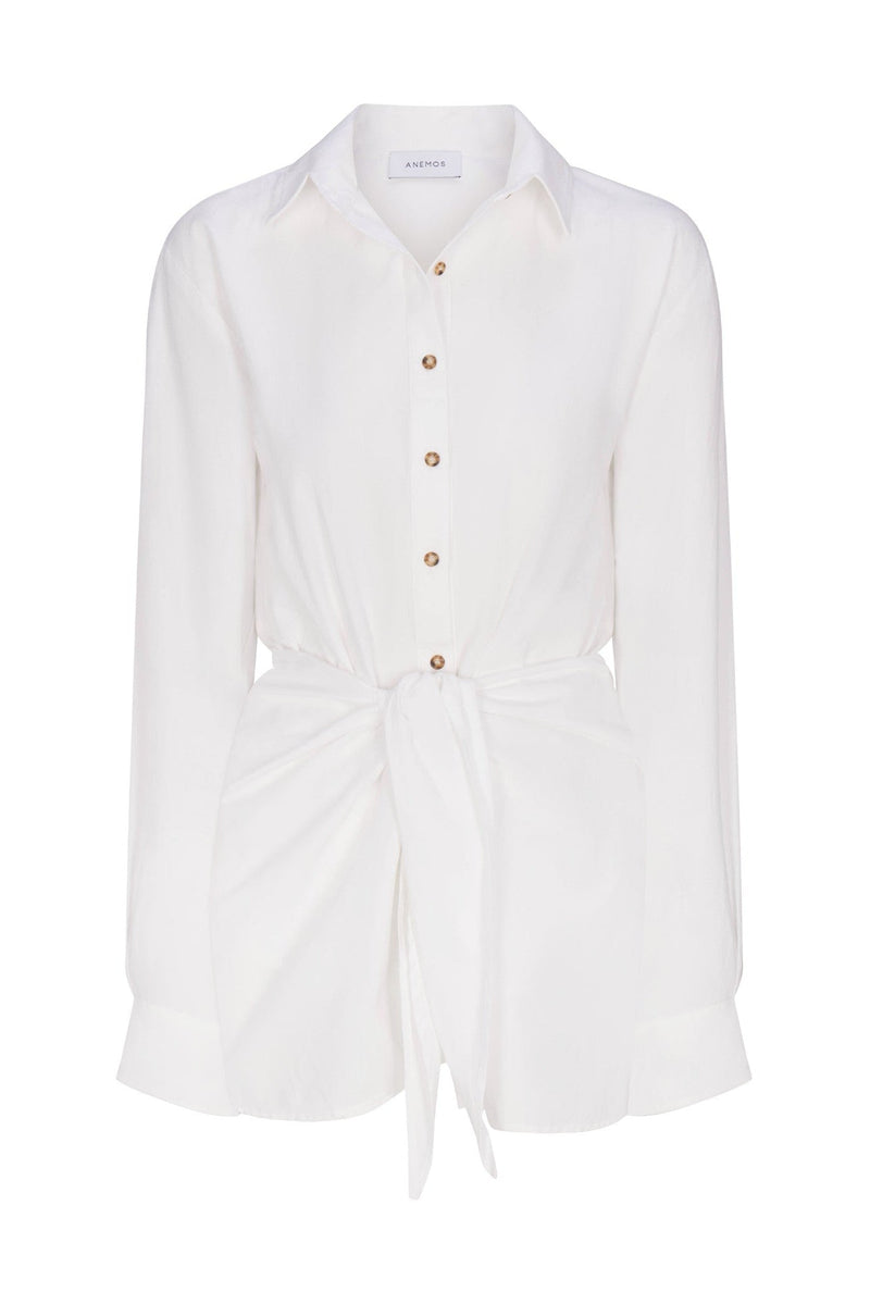 L.A. Button-Down Wrap Mini Dress in stretch cotton on a white background. Flattering, versatile, and perfect for casual daytime or summer outings.