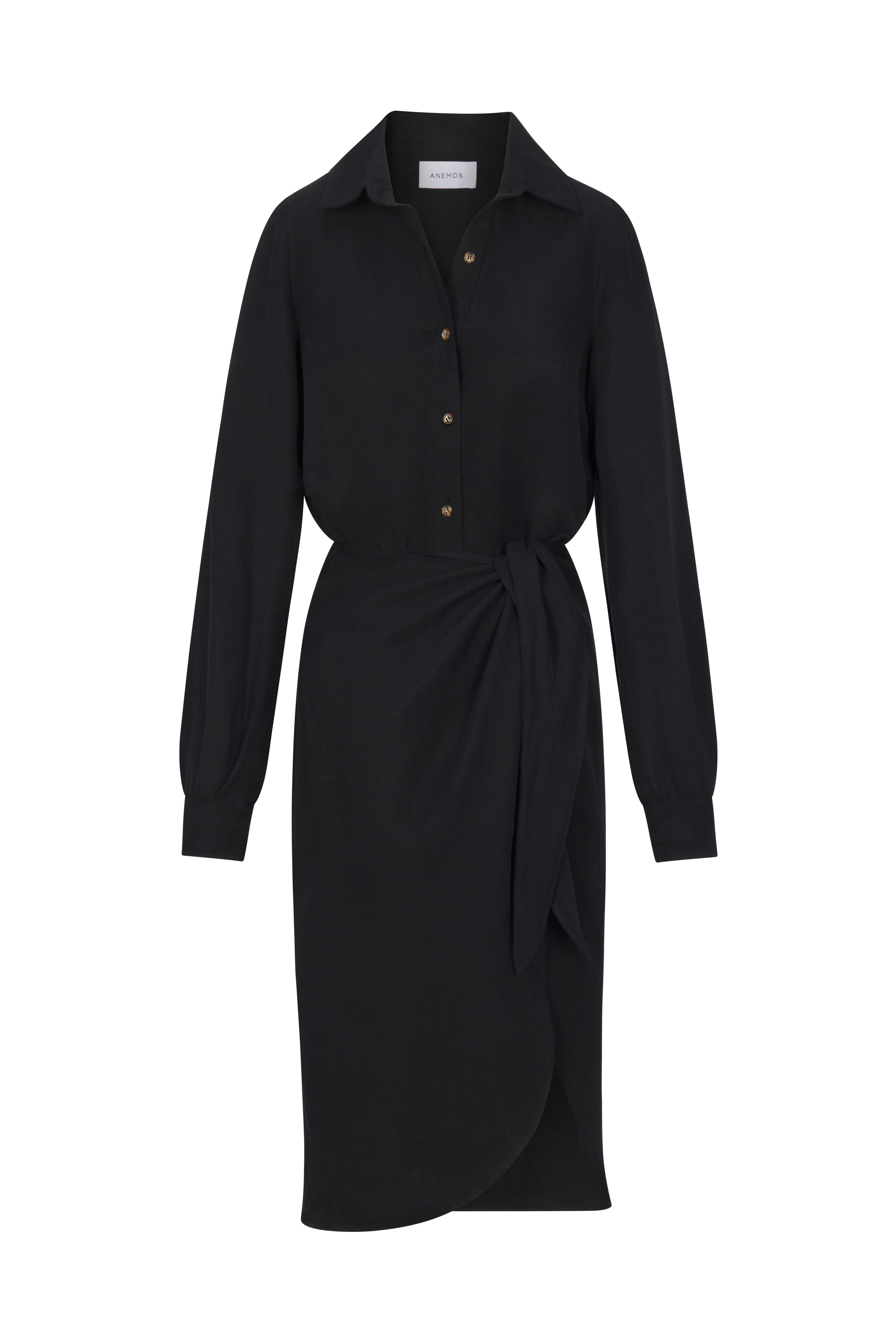 L.A. Button Down Asymmetric Wrap Midi Dress in Cupro Linen Blend Black on White Background