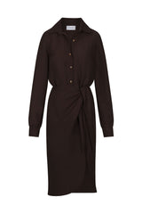 L.A. Button Down Asymmetric Wrap Midi Dress in Cupro Linen Blend Espresso on White Background