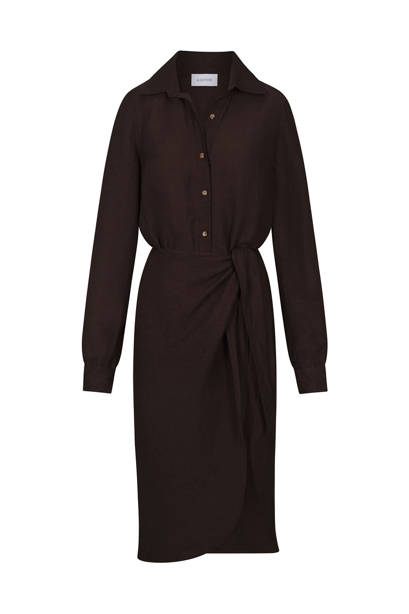 L.A. Button Down Asymmetric Wrap Midi Dress in Cupro Linen Blend Espresso on White Background