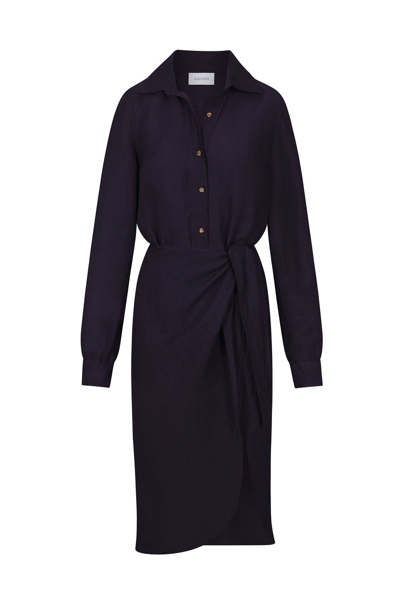 L.A. Button Down Asymmetric Wrap Midi Dress in Cupro Linen Blend Navy on White Background