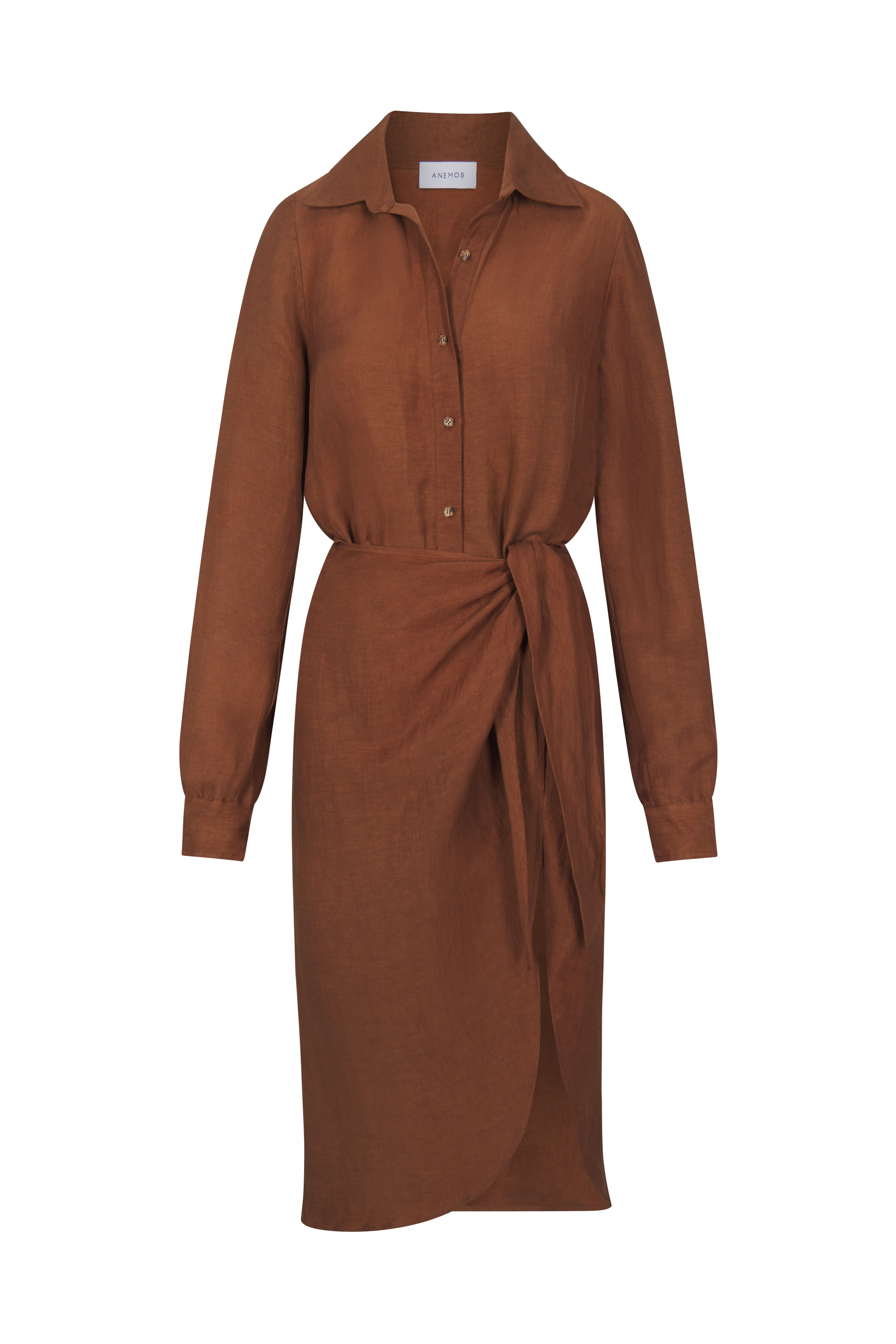 L.A. Button Down Asymmetric Wrap Midi Dress in Cupro Linen Blend Tawny on White Background