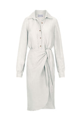 L.A. Button Down Asymmetric Wrap Midi Dress in Cupro Linen Blend White on White Background