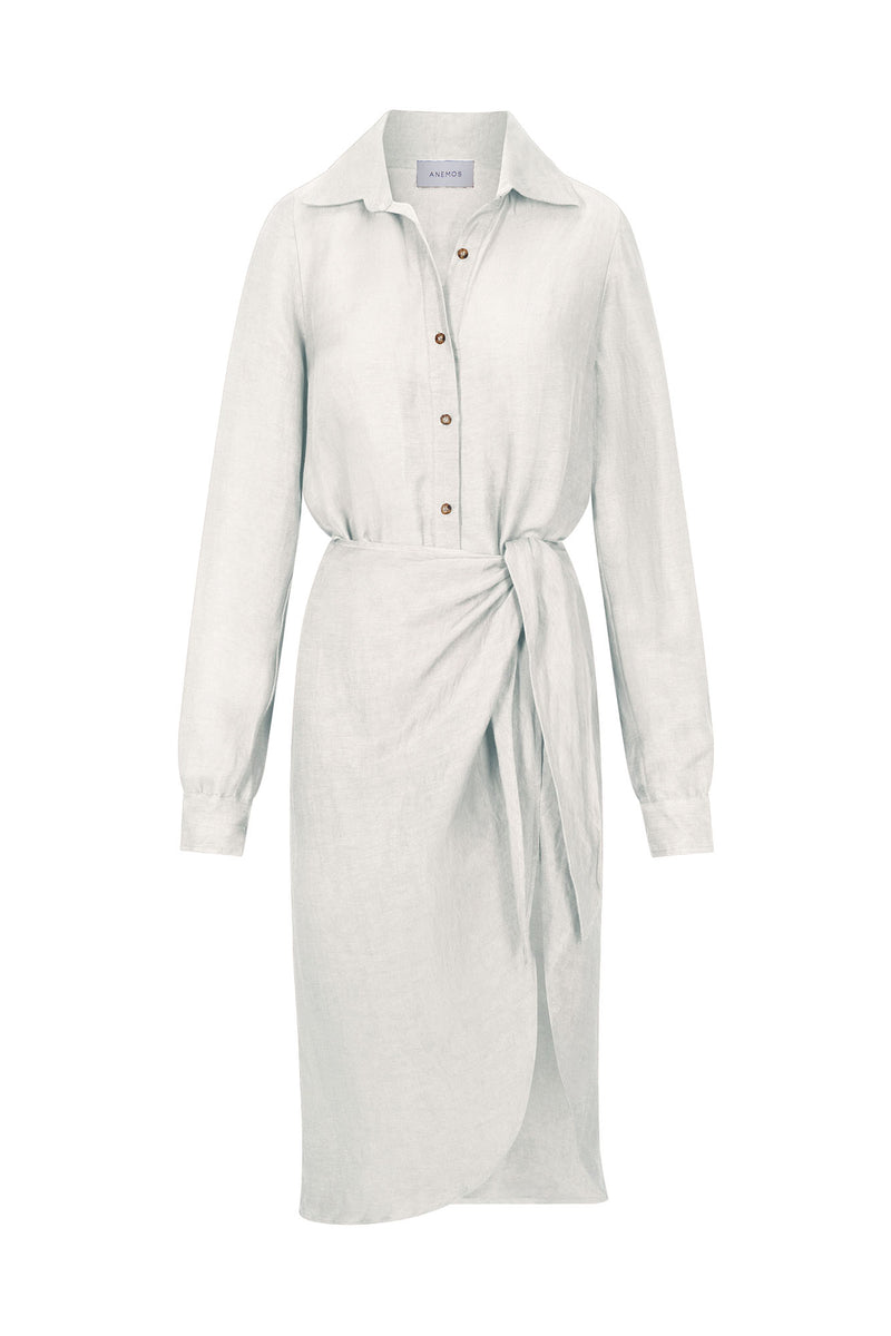 L.A. Button Down Asymmetric Wrap Midi Dress in Cupro Linen Blend White on White Background