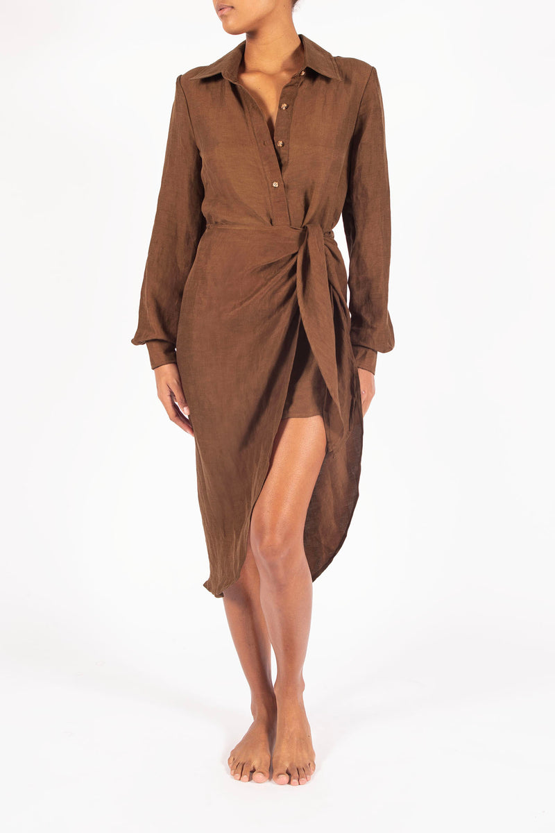 Ecomm Model wearing the L.A. Button Down Asymmetric Wrap Midi Dress in Cupro Linen Blend, combining the structure of a button-down with the ease of a wrap silhouette. 