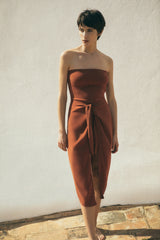 The Strapless D.K. Midi Wrap Dress in Stretch Cupro