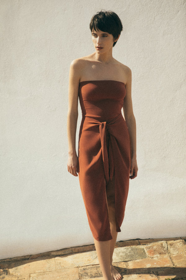 The Strapless D.K. Midi Wrap Dress in Stretch Cupro