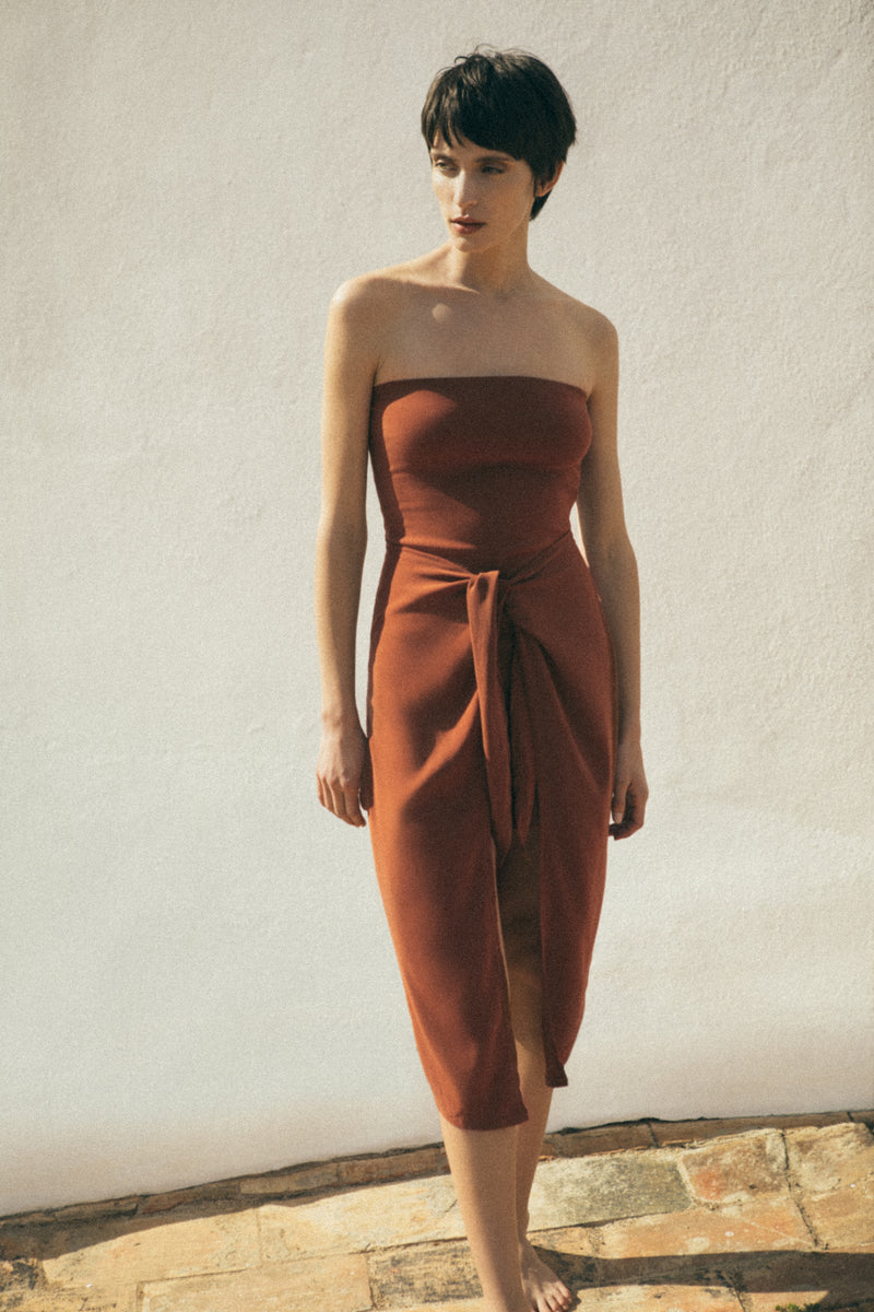 The Strapless D.K. Midi Wrap Dress in Stretch Cupro