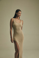 Open Back Maxi Tank Dress with Side Slit in Tencel Rib Knit