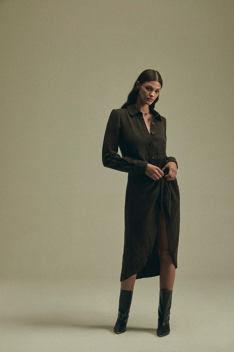 The L.A. Button Down Asymmetric Wrap Midi Dress in Cupro Linen Blend