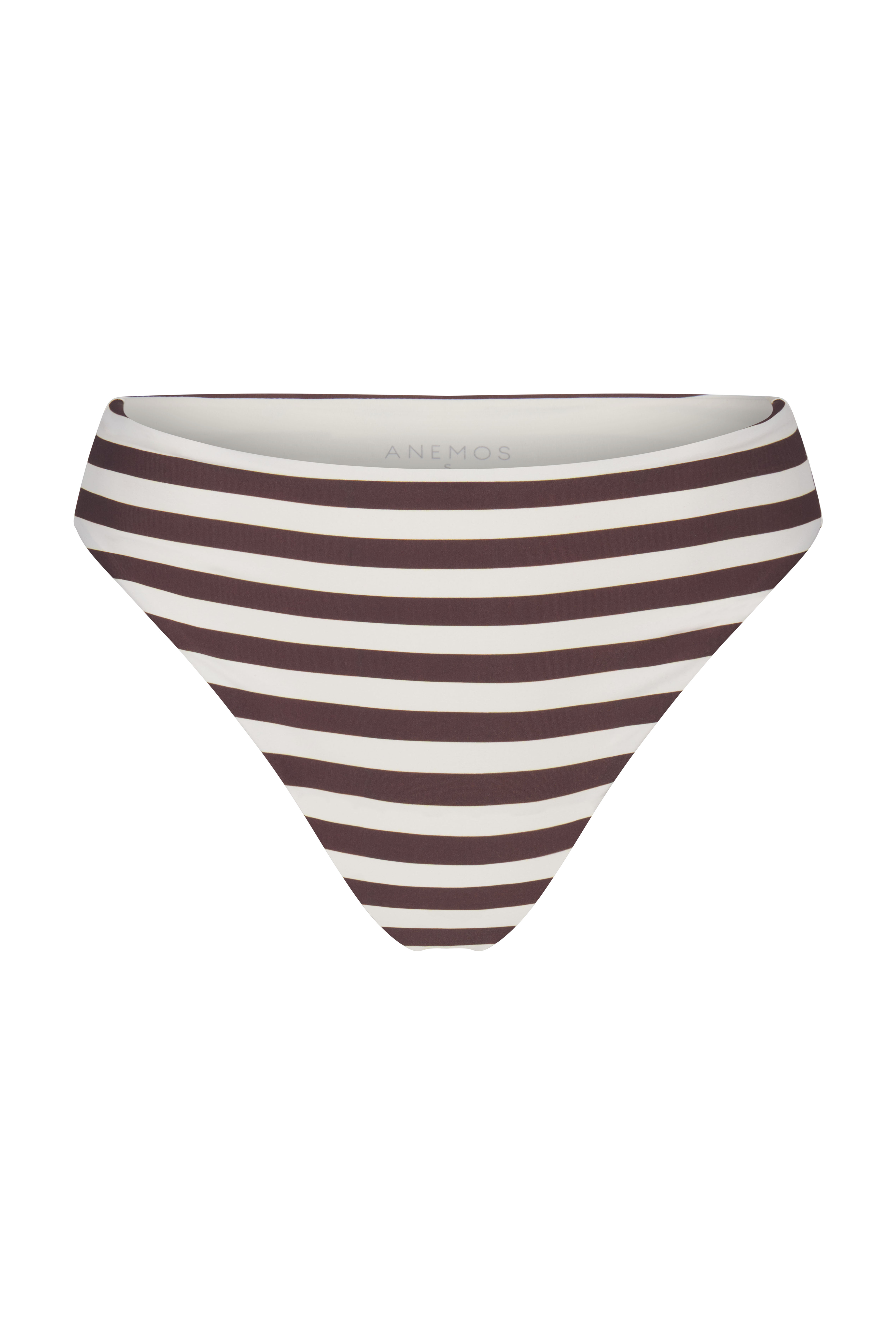 Anemos Midi High-Cut Bikini Bottom in Espresso Horizontal Stripes — retro-inspired bottom with sculpted sides