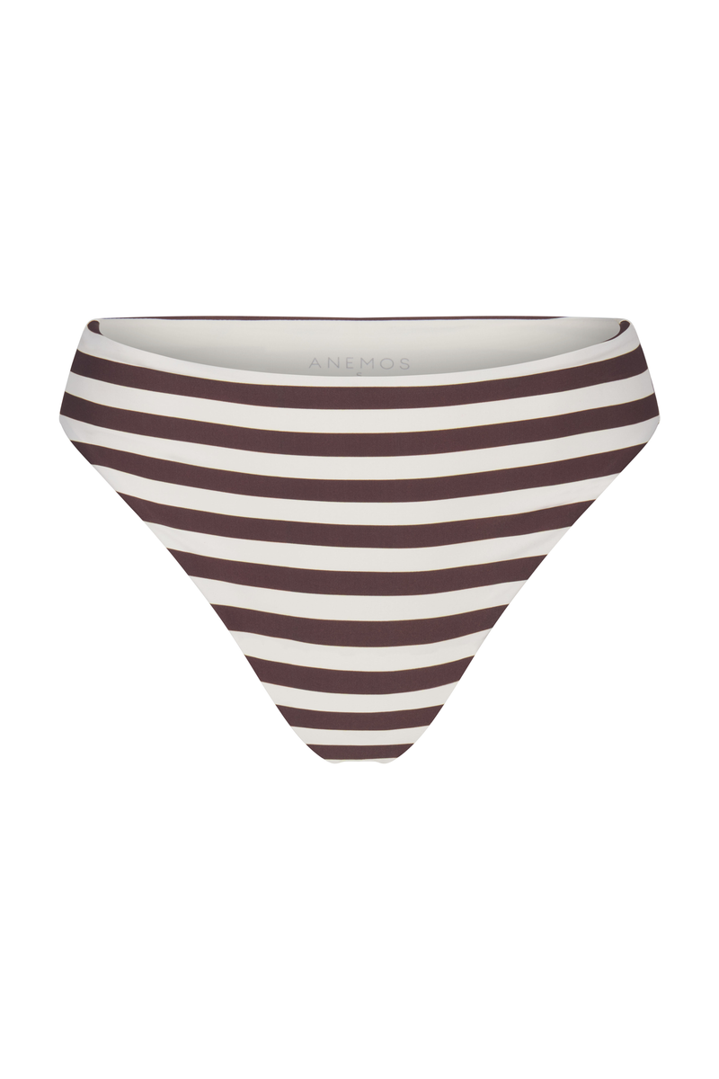 Midi High-Cut Bikini Bottom In Espresso Even Stripes Espresso & White Even Striped on White Background
