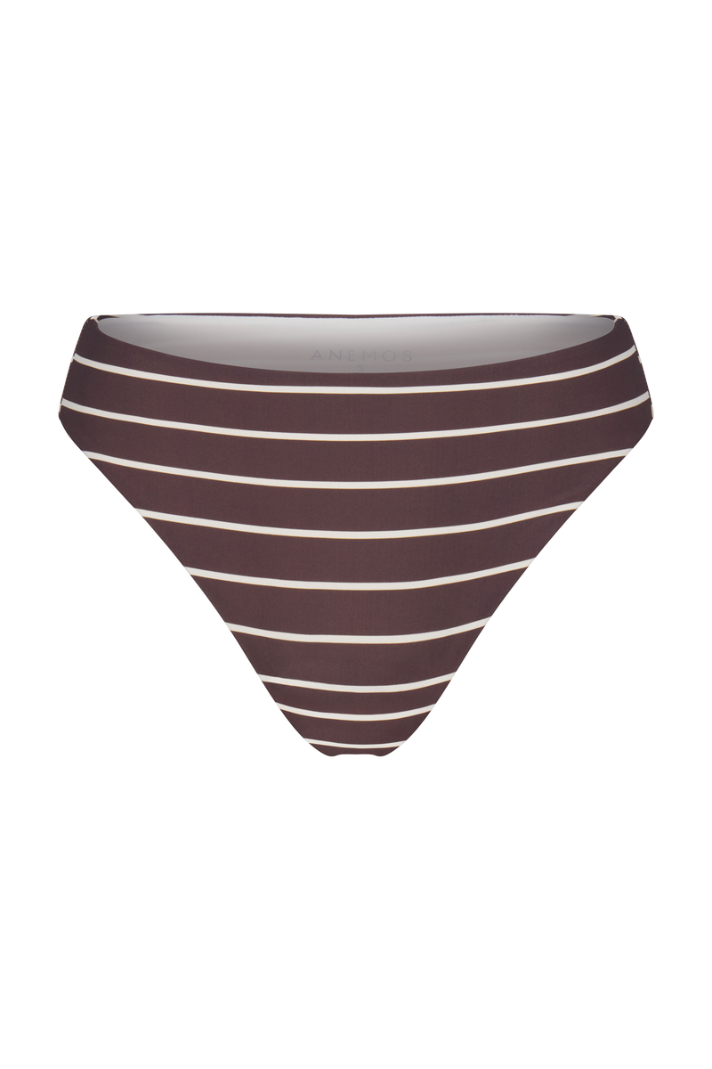 Midi High-Cut Bikini Bottom In Espresso Odd Stripes Espresso & White Odd Striped on White Background