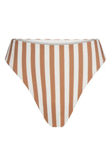 Midi High-Cut Bikini Bottom in fawn vertical stripes, featuring a mid-rise waist, high-cut legs, and a sleek, retro-inspired silhouette.