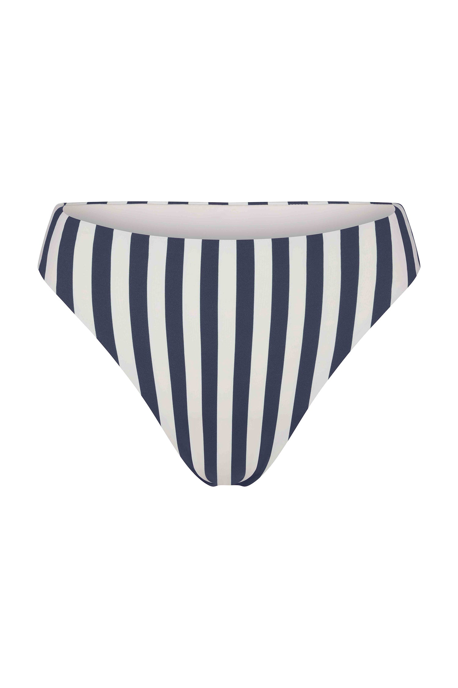 Anemos Midi High-Cut Bikini Bottom in Marine Vertical Stripes — retro-inspired bottom with sculpted sides