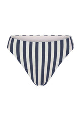 Marine and white striped high cut bikini bottom on a white background