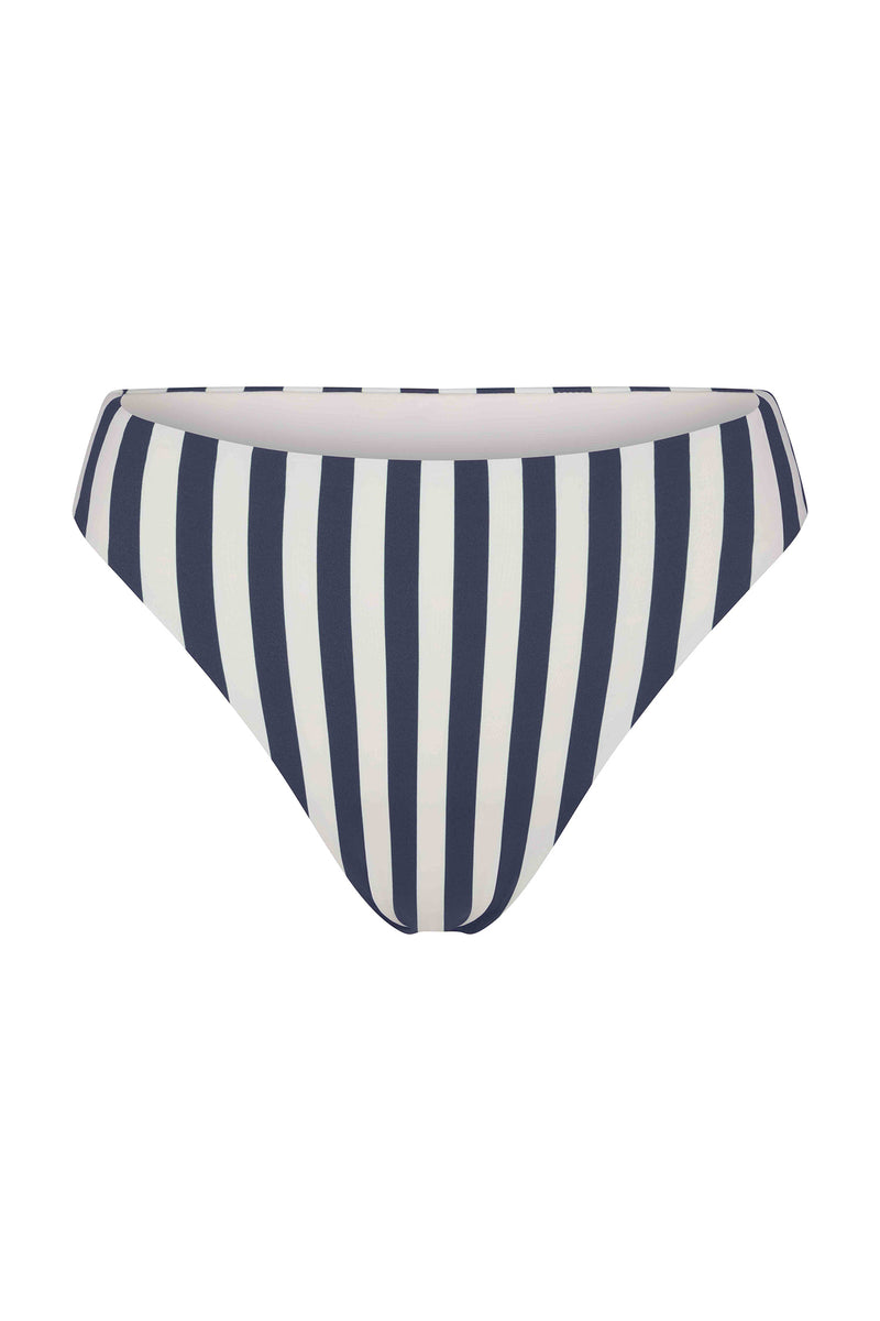 Marine and white striped high cut bikini bottom on a white background