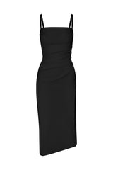 Nadege Draped Midi Dress in Textured Stretch Black on White Background