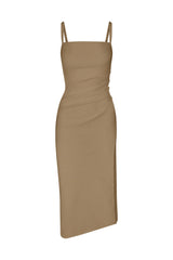 Nadege Draped Midi Dress in Textured Stretch Taupe on White Background