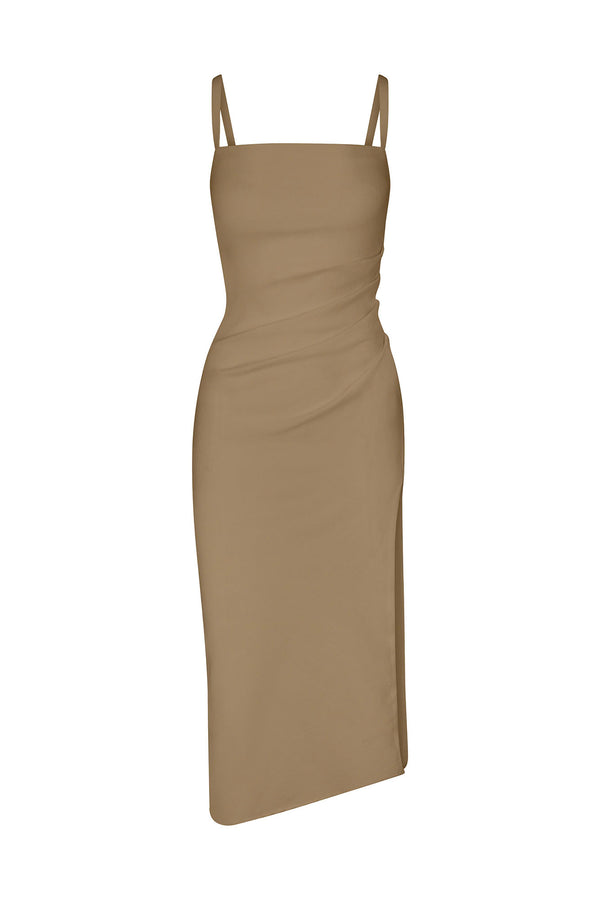 Nadege Draped Midi Dress in Textured Stretch Taupe on White Background
