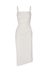 Nadege Draped Midi Dress in Textured Stretch White on White Background