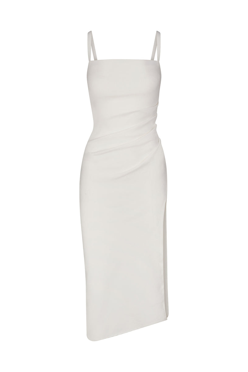 Nadege Draped Midi Dress in Textured Stretch White on White Background