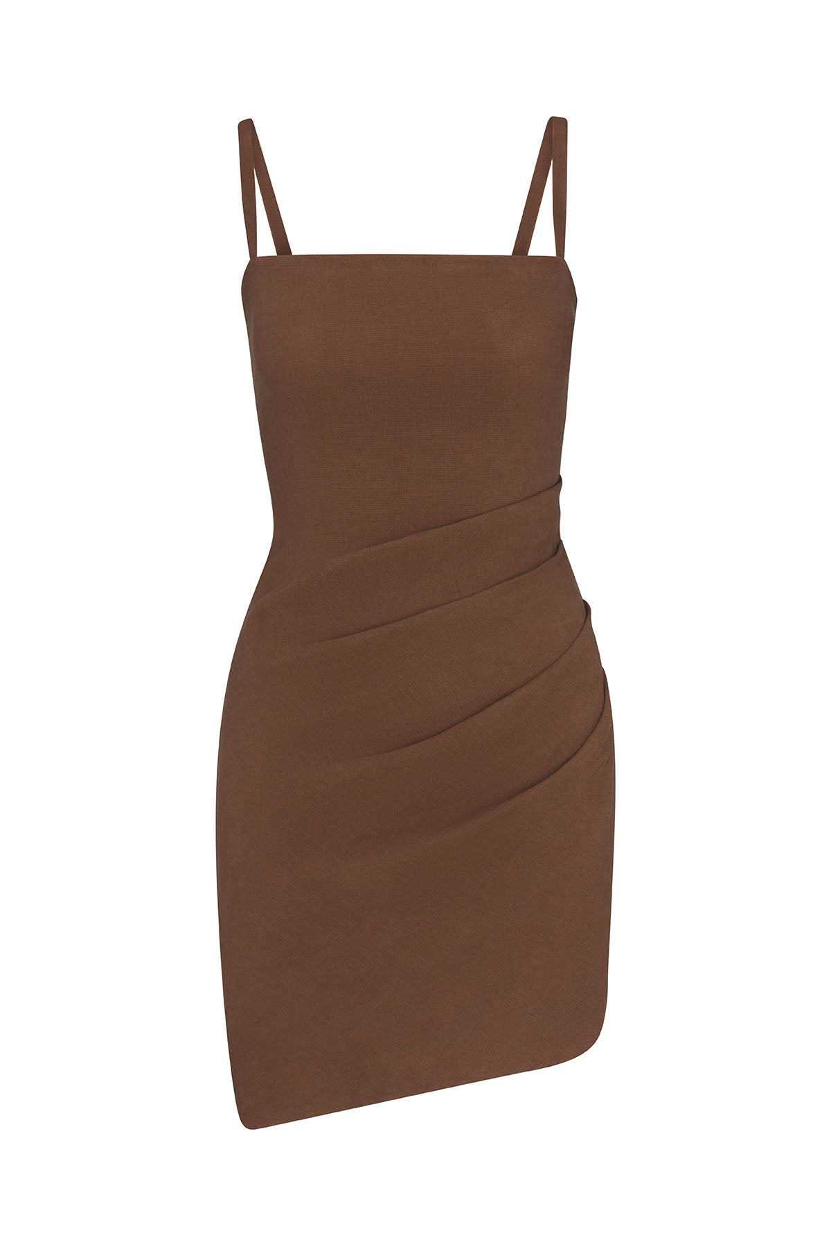 Anemos Nadege Draped Mini Dress in Stretch Suiting in Marron — effortless ease and form
