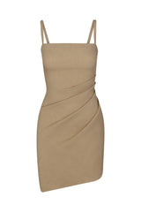 Nadege Draped Mini Dress in Stretch Linen Taupe on White Background