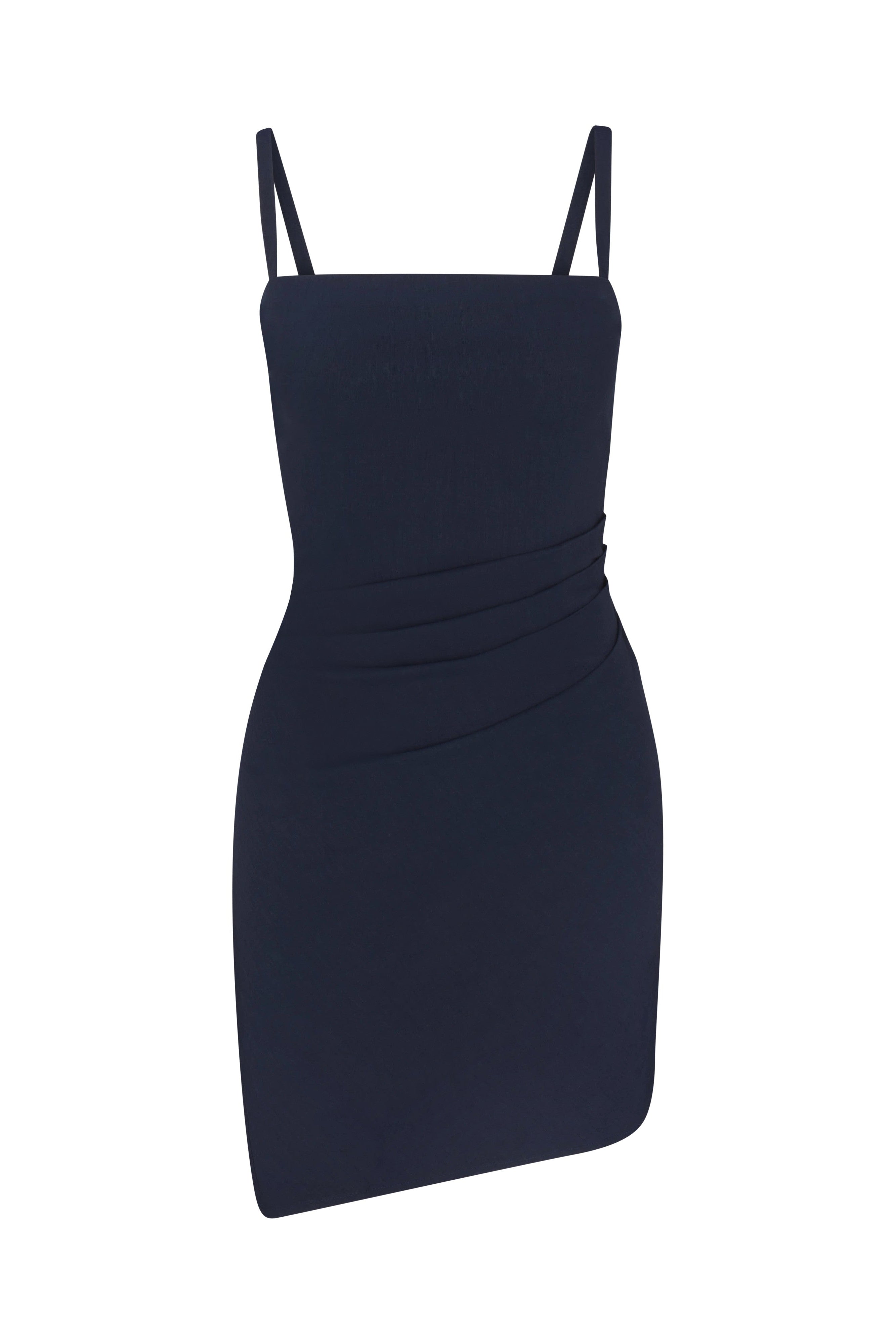 Nadege Draped Mini Dress in textured stretch linen on a white background, perfect for chic daytime or evening wear.