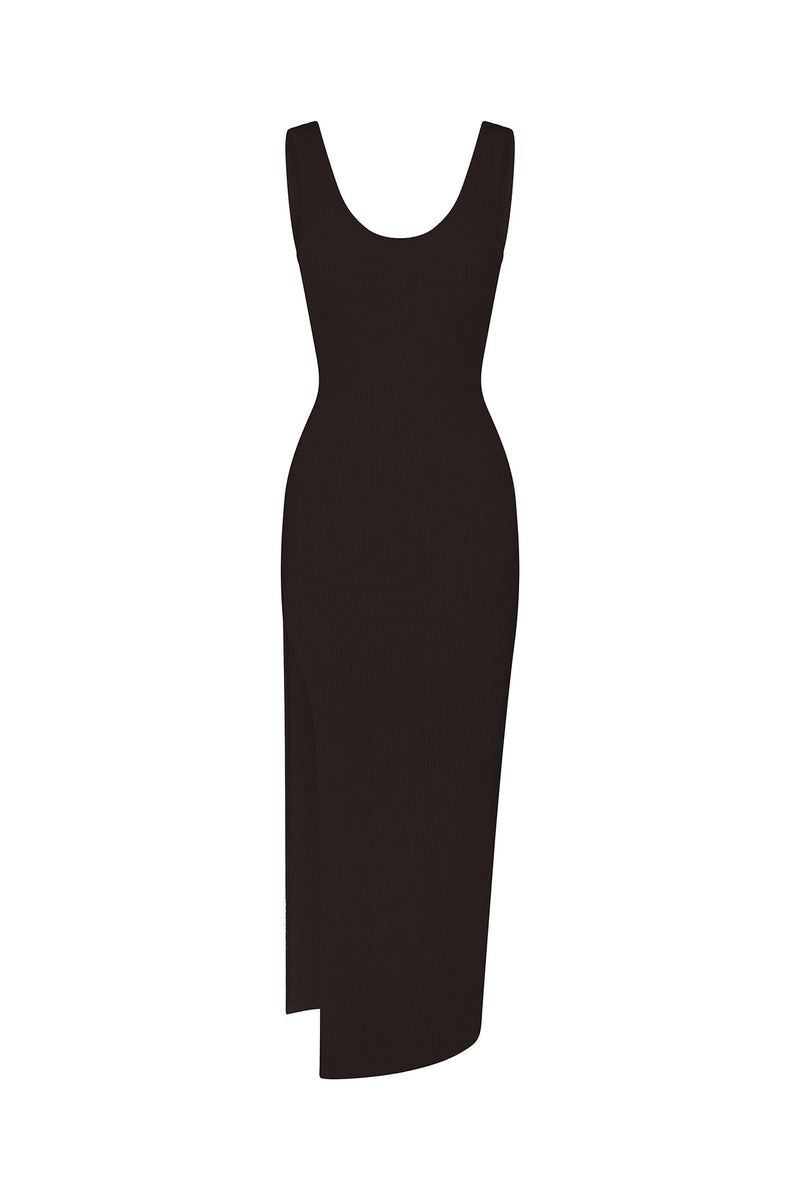 Open Back Maxi Tank Dress with Side Slit in Tencel Rib Knit
