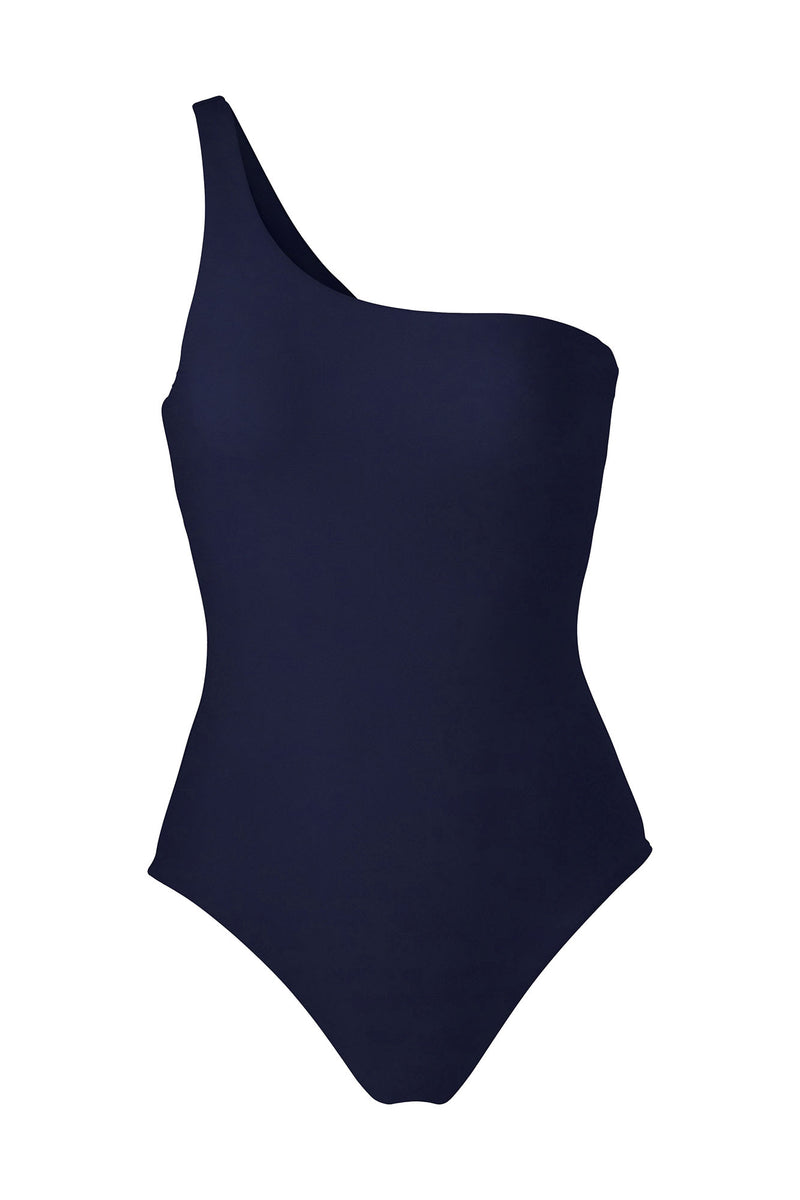 One-Shoulder One-Piece Navy on White Background