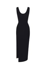 Open Back Maxi Tank Dress with Side Slit in Modal Knit Black on White Background