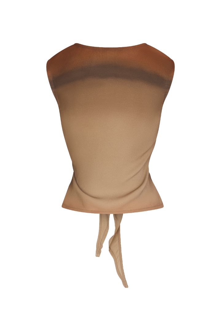 Open Back Tie Top in red rock ombré satine crepe, featuring a high neckline, flowing silhouette, and adjustable open-back tie detail.