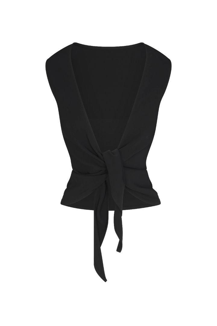 Open Back Tie Top in stretch twill, featuring a fitted silhouette, concealed side zip, and adjustable tie-back detail.