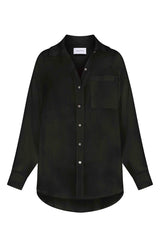 Oversized Button-Down Pool Shirt Dress Black in Woven Bamboo Cotton Gauze on a white background