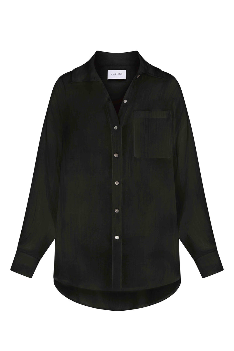 Oversized Button-Down Pool Shirt Dress Black in Woven Bamboo Cotton Gauze on a white background