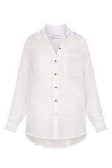 Oversized Button-Down Pool Shirt Dress White in Woven Bamboo Cotton Gauze on a white background