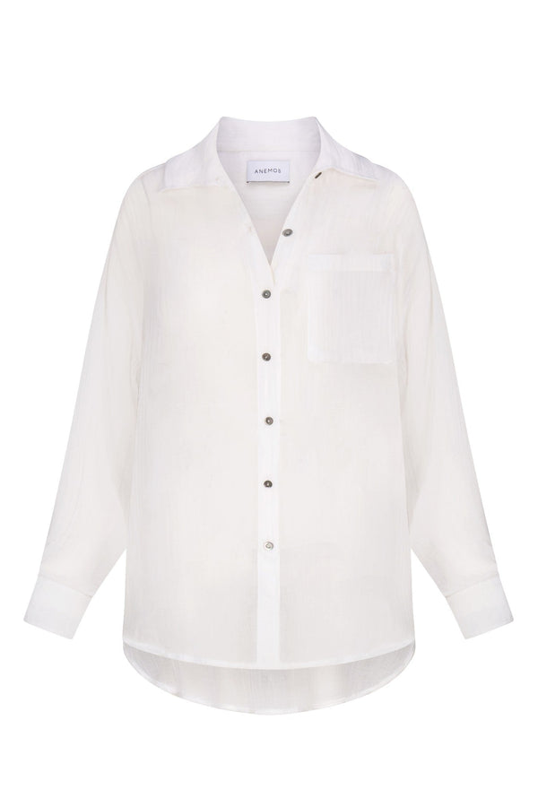 Oversized Button-Down Pool Shirt Dress White in Woven Bamboo Cotton Gauze on a white background