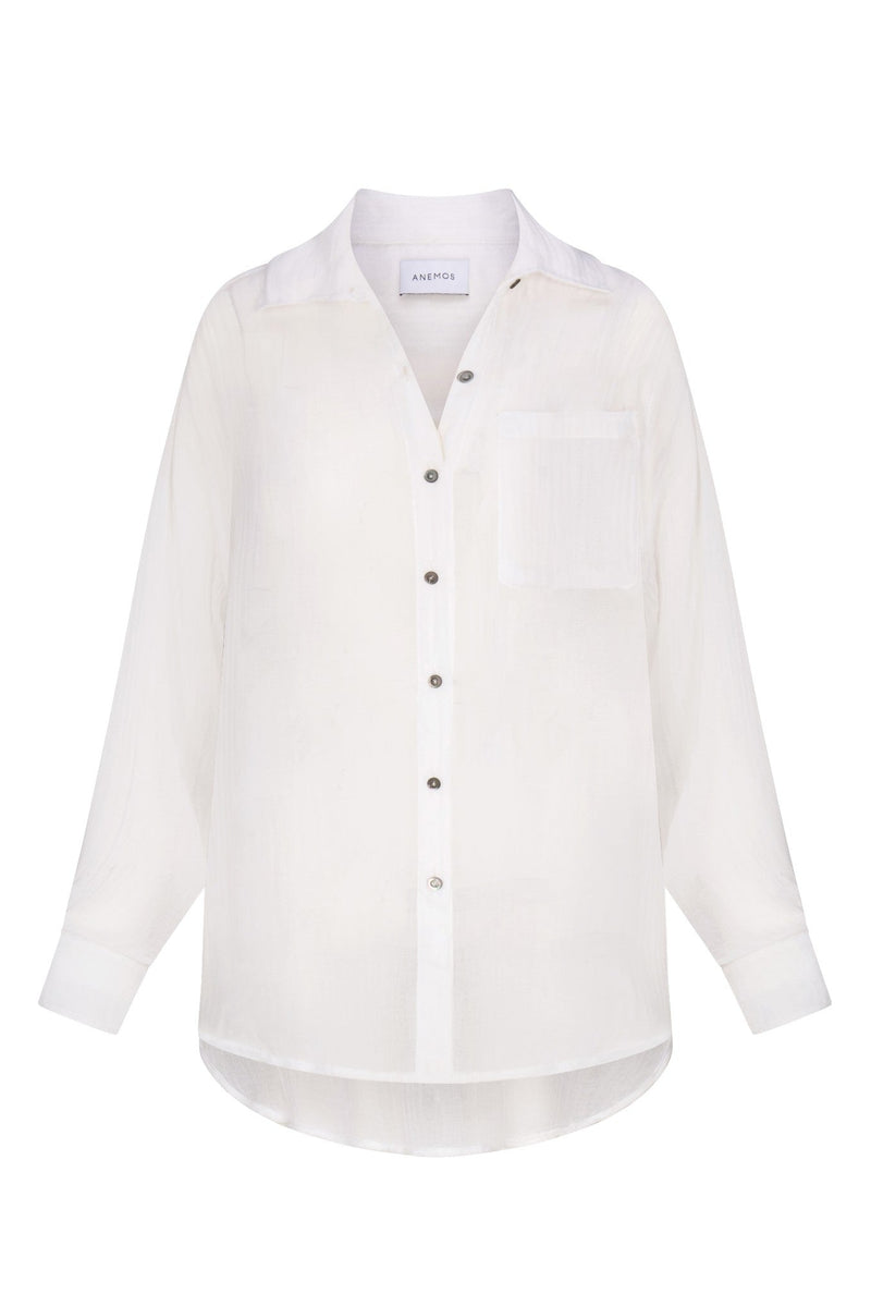Oversized Button-Down Pool Shirt Dress White in Woven Bamboo Cotton Gauze on a white background