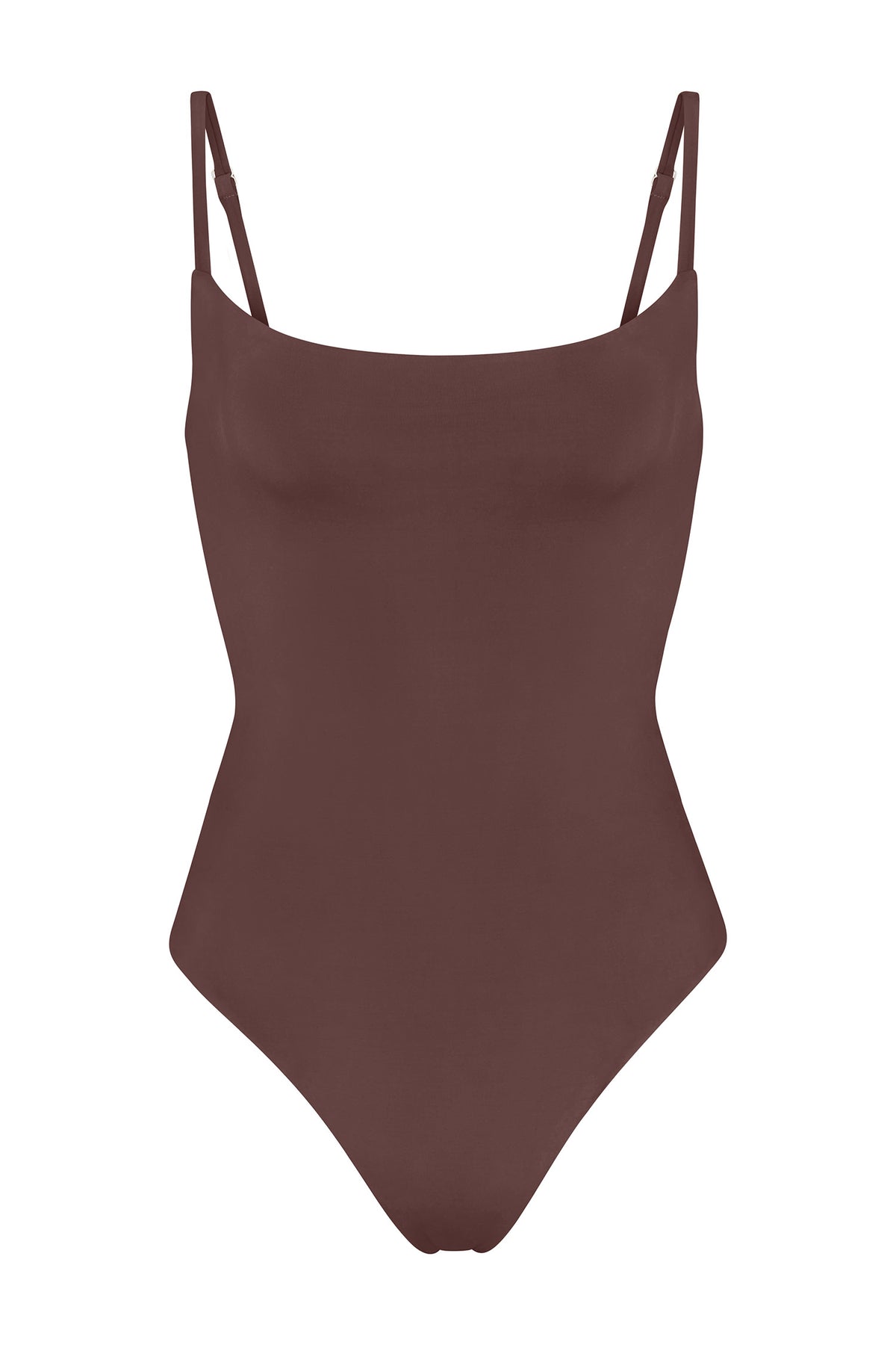 Classic Square Neck Maillot one-piece swimsuit on a white background, featuring a higher back and adjustable straps for a secure, flattering fit that blends function with timeless minimalism.