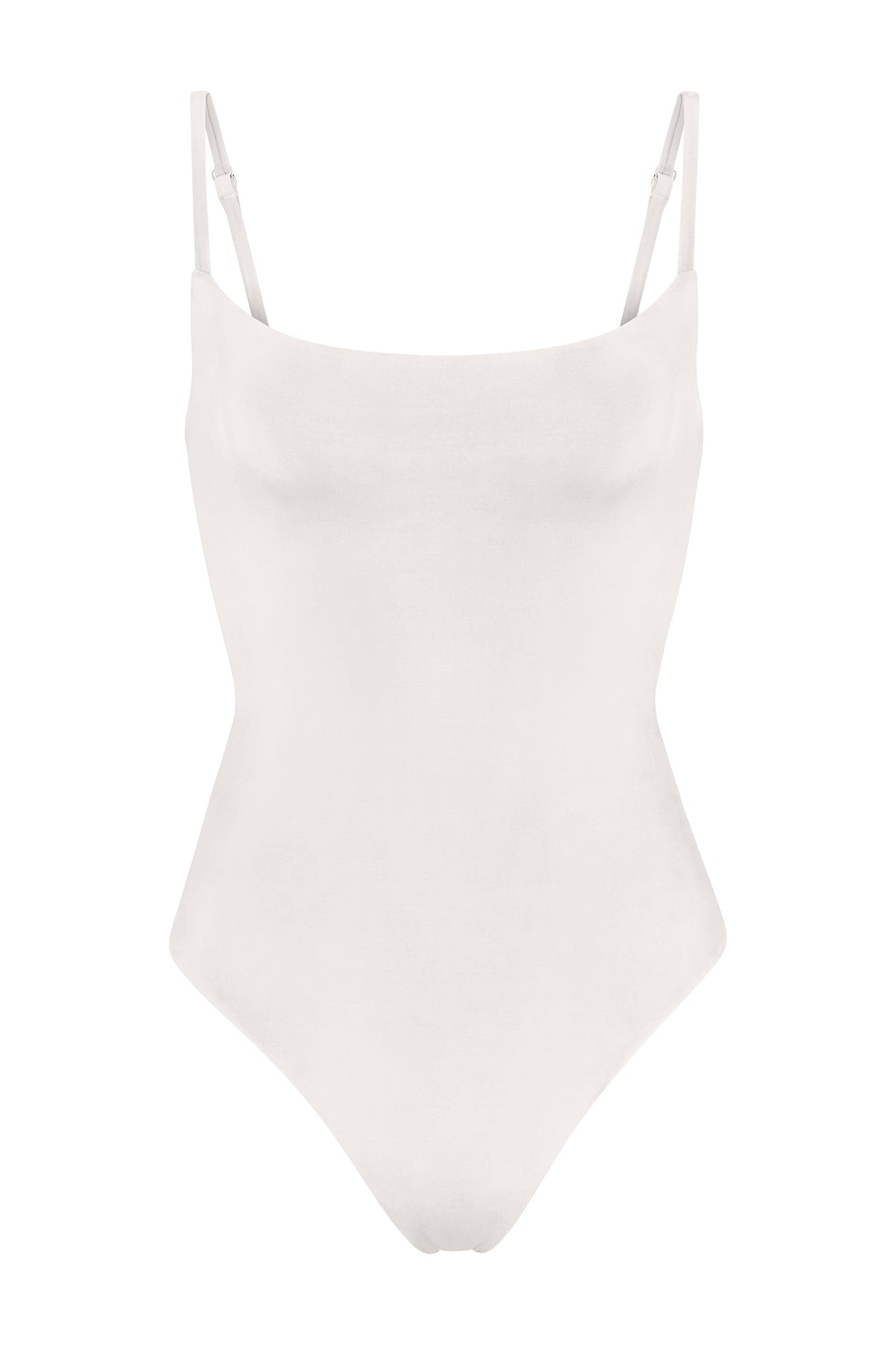 Classic Square Neck Maillot one-piece swimsuit on a white background, featuring a higher back and adjustable straps for a secure, flattering fit that blends function with timeless minimalism. 