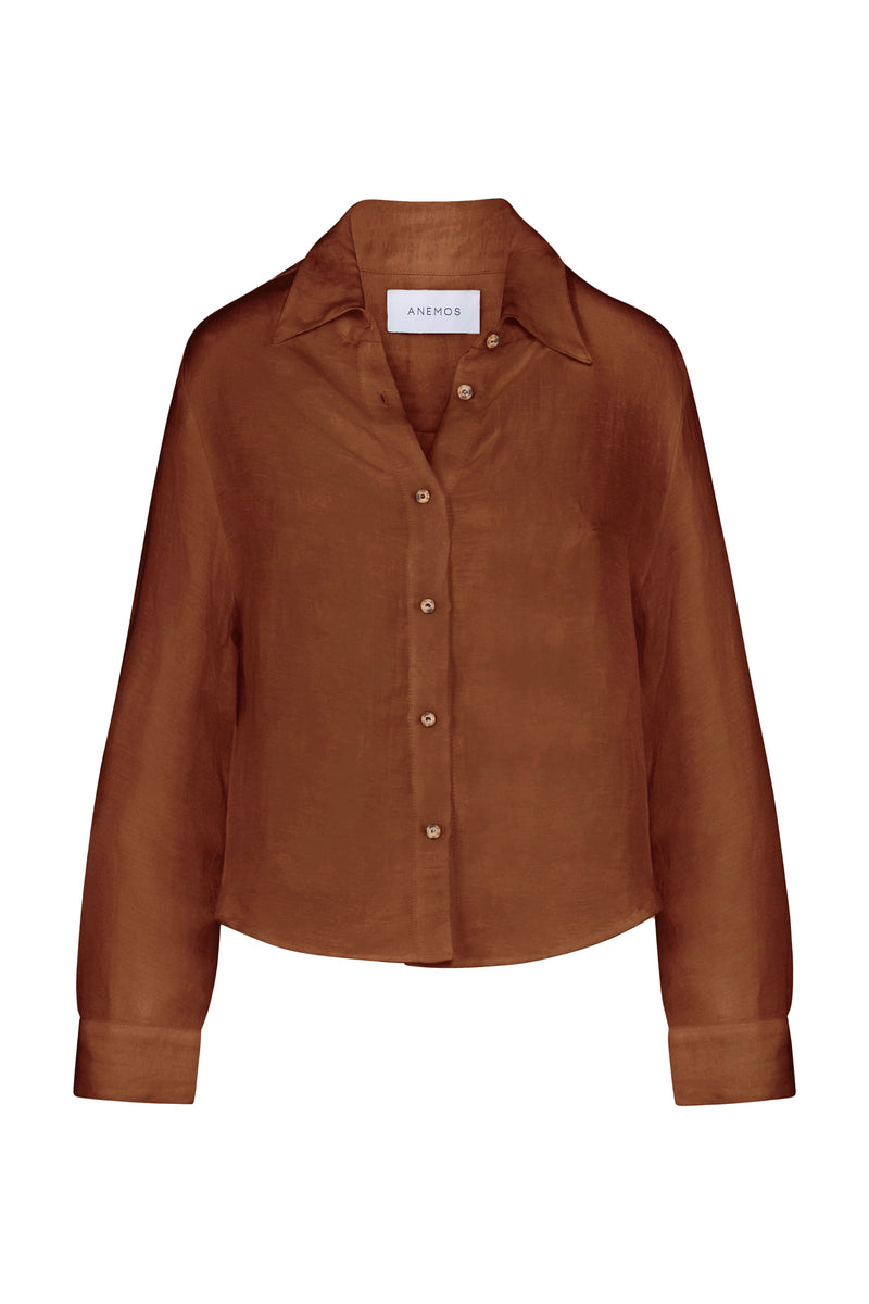 Phillips Long Sleeve Button-Down Shirt in Linen Cupro Tawny on White Background